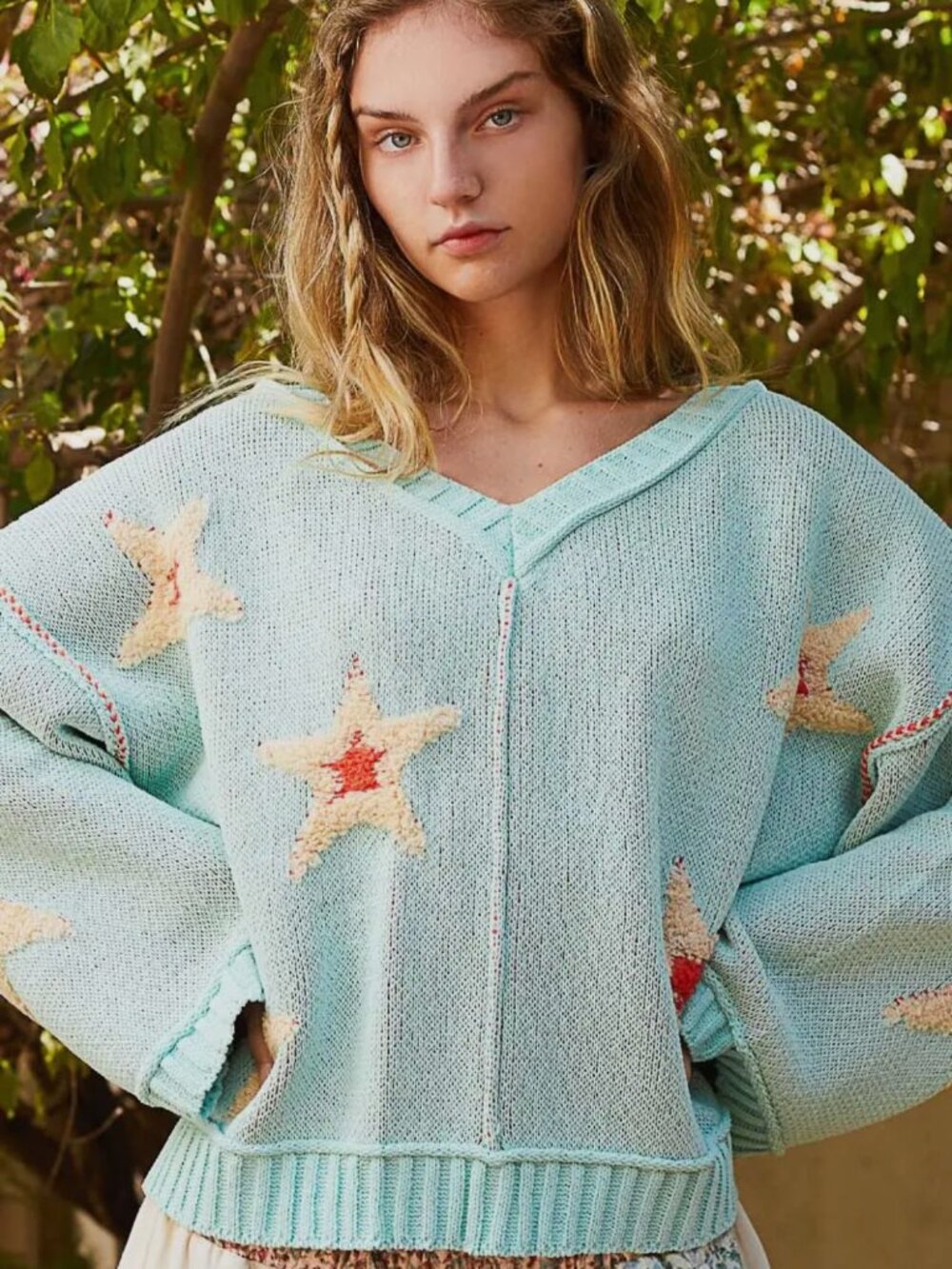 POL Star Berber Patch Paradise Mint V Neck Long Sleeve Sweater - Picture 4 of 5